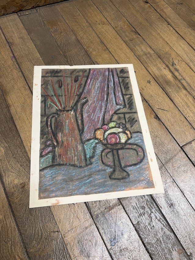 C. G. Staples (1955) Oil Pastel Still Life with Vase, Curtain, and Fruit: Oil pastel on paper by C. G. Staples, dated 1955, part of his mid-century still life series. The composition features a tall handled pitcher filled with reeds beside a pedestal fruit bowl, set against