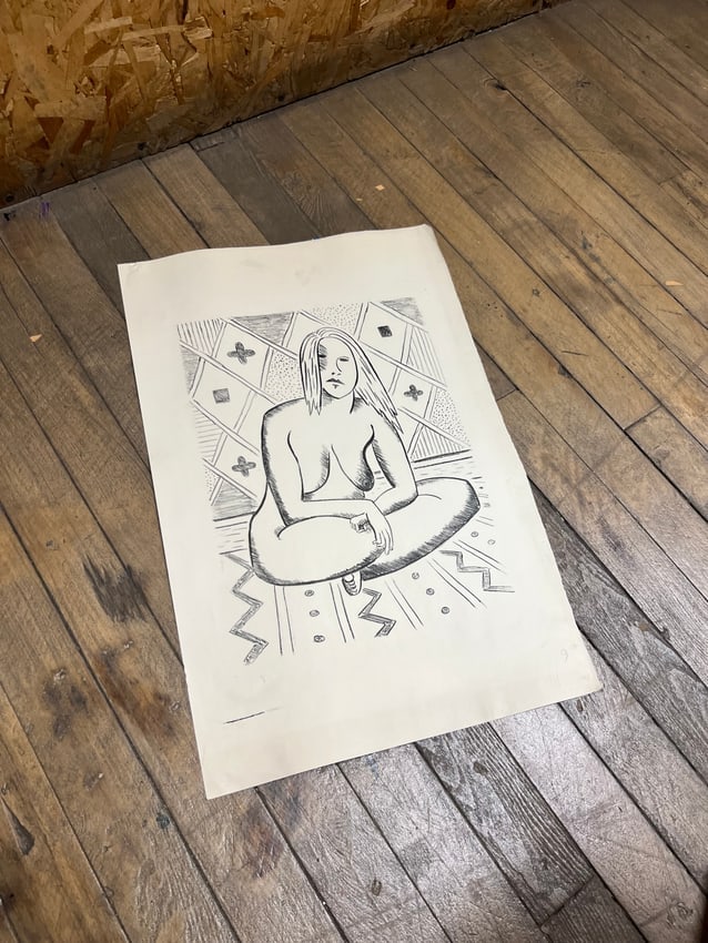 C. G. Staples Mid-Century Ink Drawing of Seated Nude with Patterned Background: Original ink drawing on paper by C. G. Staples, mid-20th century. The composition presents a nude female figure in a cross-legged seated pose, set against a richly patterned geometric backdrop. Execut