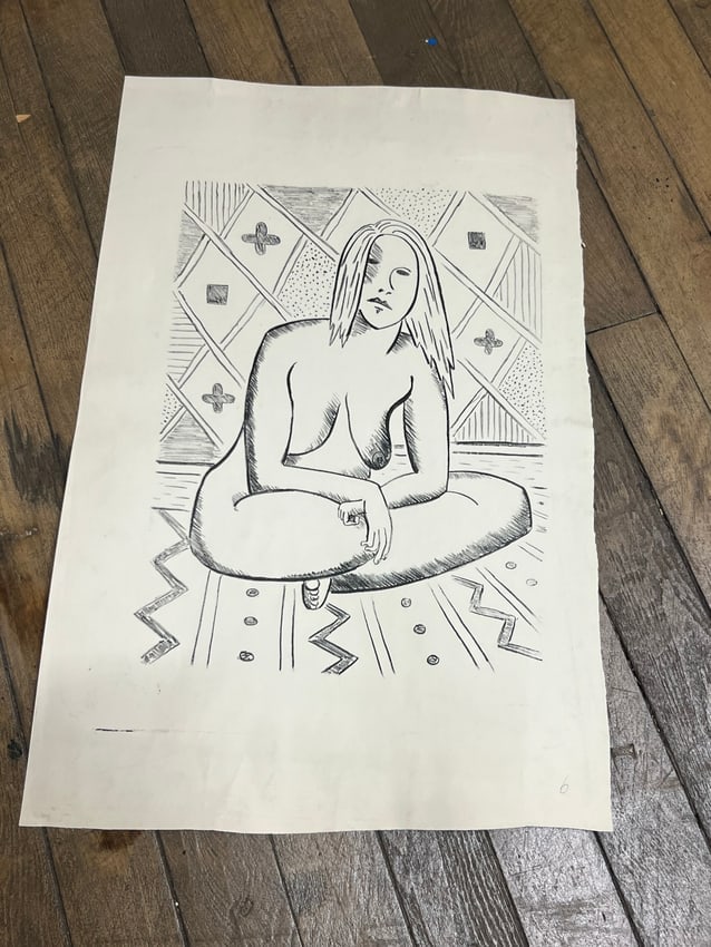 C. G. Staples Ink on Paper Seated Nude with Geometric Backdrop (Numbered Example): Original ink drawing (or print proof) on paper by C. G. Staples, mid-20th century. The composition depicts a nude female figure seated cross-legged on a patterned surface, against a bold geometric bac