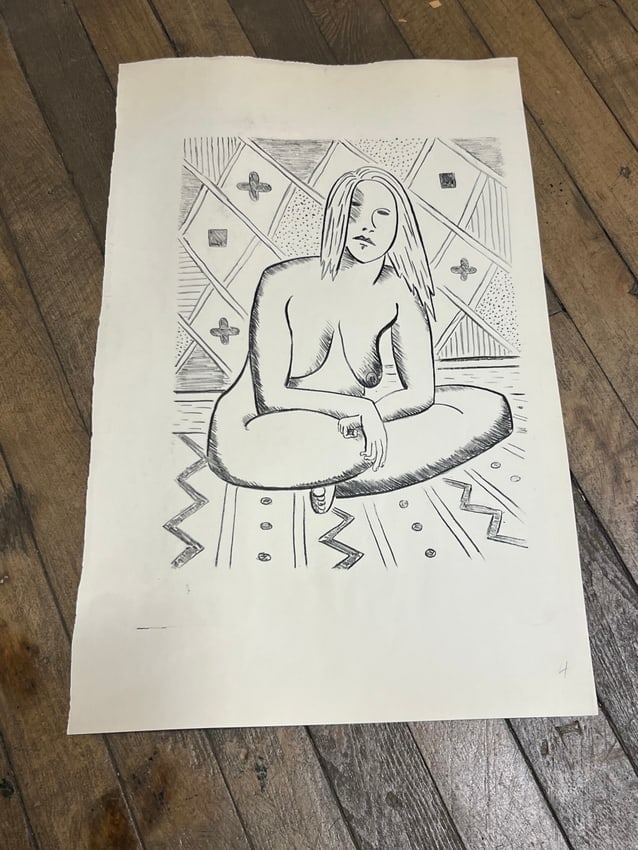 C. G. Staples – Ink on Paper “Seated Nude with Patterned Backdrop” (No. 4): Ink on paper by C. G. Staples, mid-20th century. This composition shows a stylized nude woman in a cross-legged pose set before a decorative geometric backdrop. Numbered “4” at the lower right