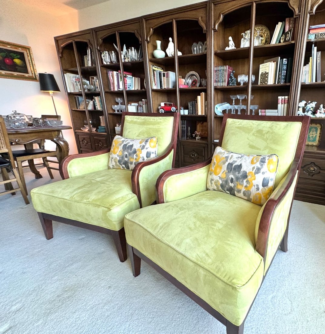 Pair of Walter E. Smithe Green Upholstered Wood Accent Chairs: Stylish and comfortable Walter E. Smithe accent chair featuring a sculpted hardwood frame and vibrant green textured upholstery. The chair offers generous seating, supportive cushioning, and a modern