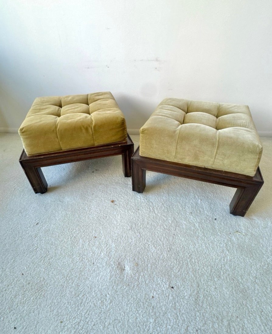 Mid-Century Green Tufted Ottomans on Casters – Pair | Upholstered Footstools, Accent Seating, (1 of 3)