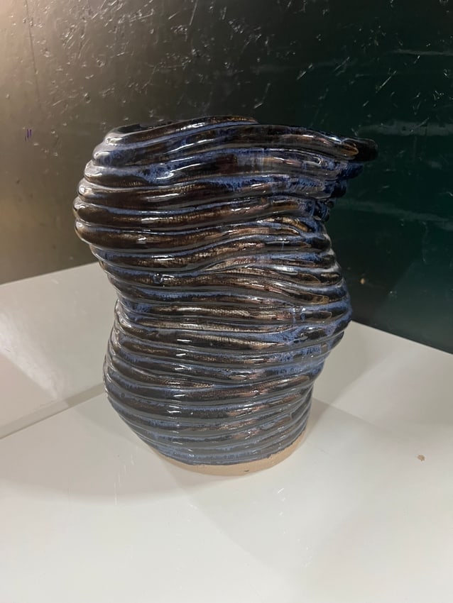 Hand-Built Studio Pottery Vase by KC 96 Organic Ribbed Form with Blue and Brown Glaze (1 of 4)