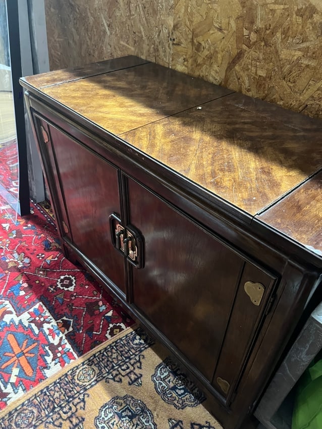 Vintage Asian-Inspired Wood Bar Cabinet with Brass Hardware and Flip-Top (1 of 7)