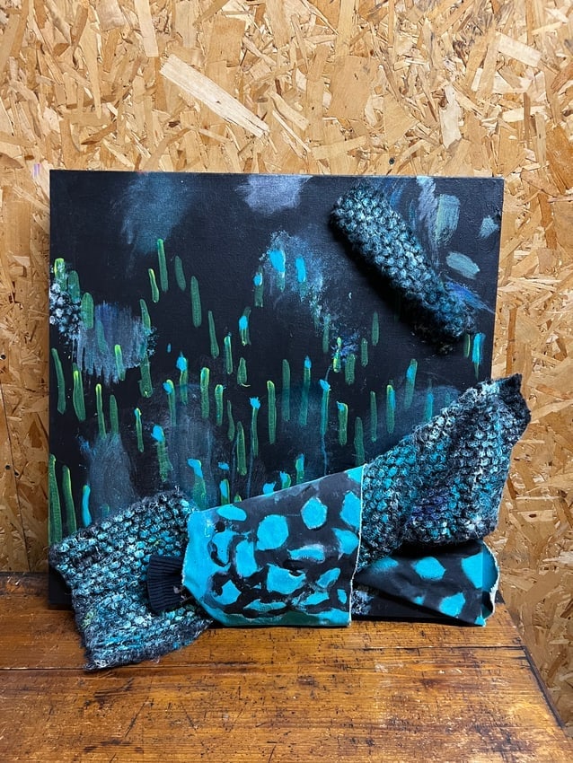 Diane Cooper Mixed Media Textile Relief on Canvas Abstract Green & Turquoise Composition: Unique mixed media artwork by Diane Cooper combining painted abstraction with dimensional textile elements. The canvas is worked in layered black, turquoise, and green paint, accented with fabric, wov