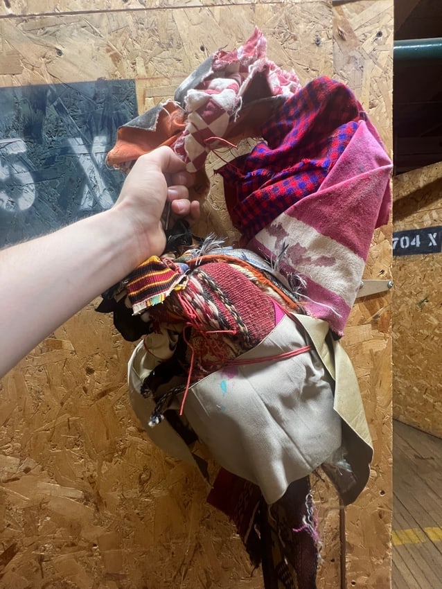 Diane Cooper Textile Sculpture Mixed Media Fabric Assemblage: Diane Cooper (American, b. 20th century) series, c. late 20th early 21st centuryMixed fabrics, textiles, threads, and found materials knotted and bound into a sculptural wall-mounted assemblage.