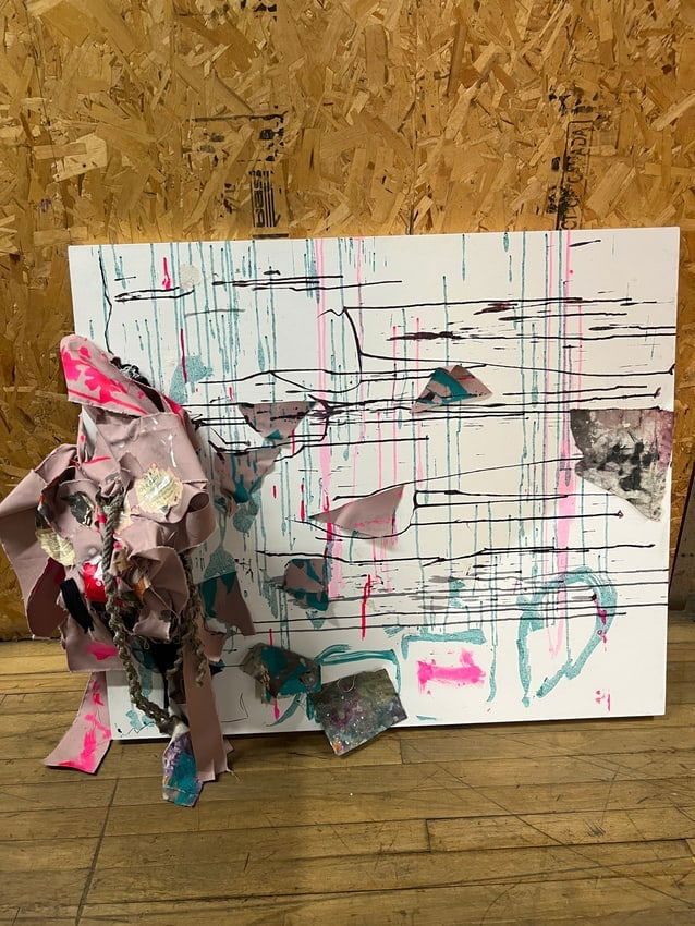 Diane Cooper Mixed Media Abstract with Fabric Collage and Drip Painting Textile and Paint: A striking mixed media work combining painted canvas, dripping neon and black linework, and sculptural fabric collage. Bold strokes of pink, teal, and black create a rhythmic abstract field, while kno