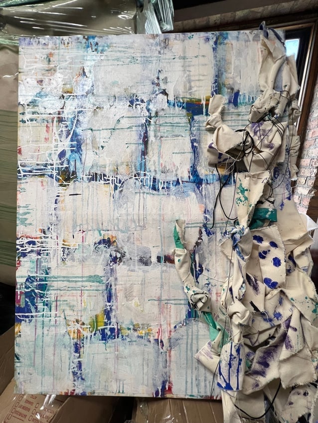 Abstract Mixed Media Painting with Fabric Assemblage Contemporary Art (1 of 3)