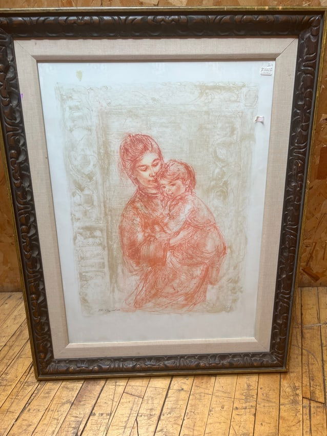 Edna Hibel Lithograph Mother and Child, Signed & Framed, Vintage Art: A touching lithograph by renowned American artist Edna Hibel (1917?2014), celebrated for her tender depictions of mothers and children. This piece captures a serene maternal moment in soft red and bei