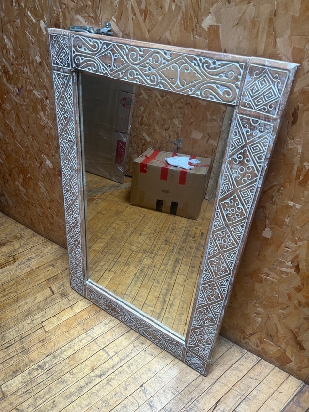 Antique Style Carved Wood Wall Mirror with Whitewashed Geometric Frame (1 of 2)