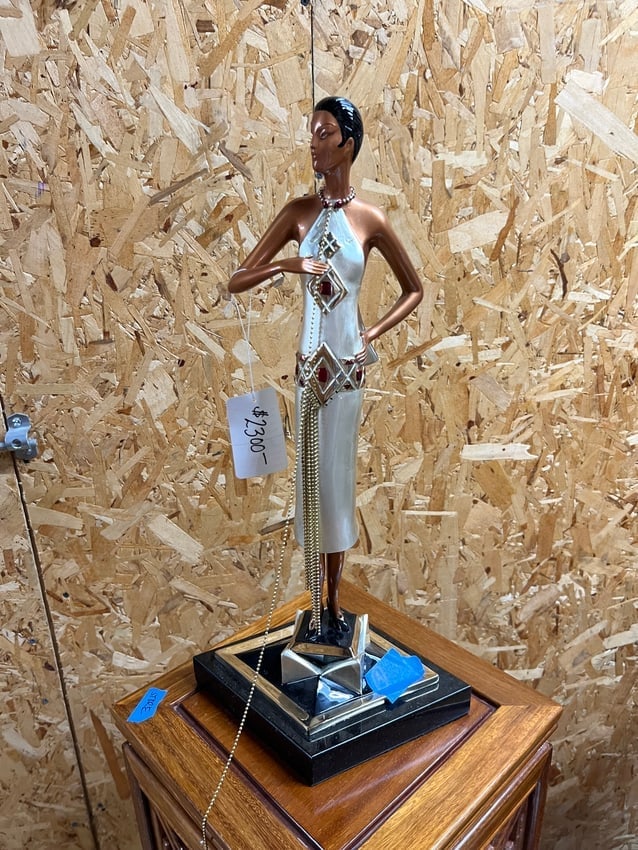 Art Deco Style Female Figurine Sculpture with Enamel Dress and Beaded Necklace (1 of 2)