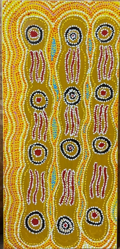 Fire Dreaming” by Mike Japaljarri Walker (b. 1968) – Aboriginal Dot Painting, Yuendumu: A vibrant contemporary Aboriginal dot painting titled Fire Dreaming by artist Mike Japaljarri Walker (b. 1968), from the Yuendumu region, Central Australia.Executed in 2009, this piece embodies tradit