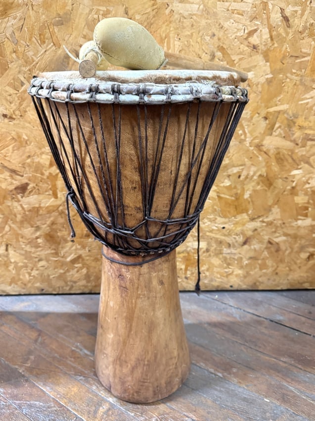 Hand-Carved Djembe Drum with Natural Hide Head and Striker Mallets (1 of 3)