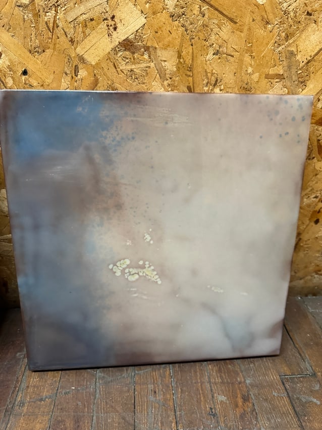 Pair of Signed Abstract Wall Panels by M. Don — 16" x 17" Contemporary Mixed-Media Art: Pair of contemporary abstract wall panels signed ?M. Don” on verso. Each piece features an atmospheric blend of soft earthy tones with blue-gray and bronze hues, evoking natural patina or oxidiz