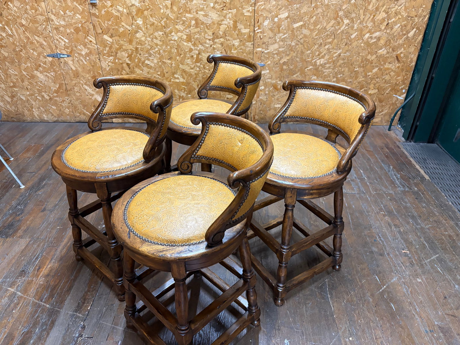 Set of Four Alfonso Marina Carved Wood Bar Stools with Tooled Leather Seats (1 of 11)