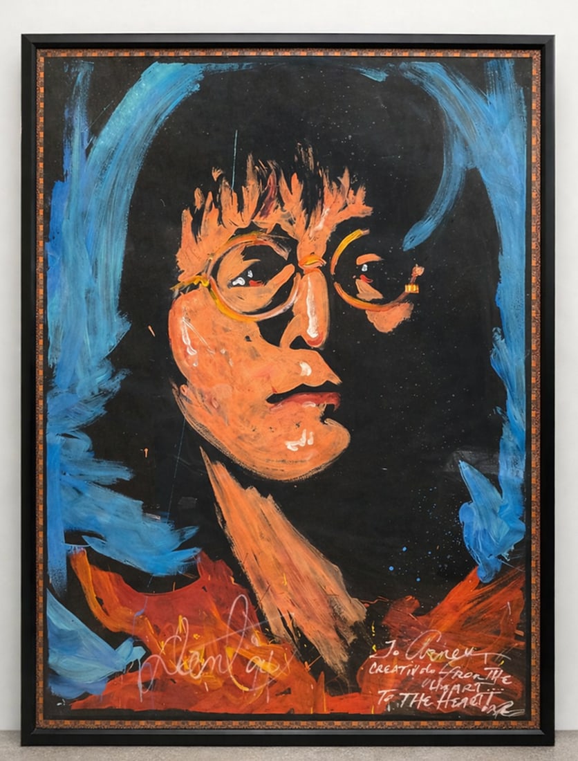 Monumental John Lennon Portrait by Denny Dent: This powerful, large-scale original portrait of John Lennon is an expressive mixed-media painting by celebrated American performance painter Denny Dent, known for his electrifying, music-driven portra