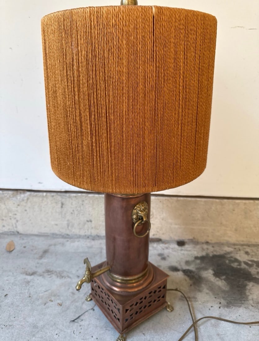 Vintage Copper & Brass Table Lamp with Lion Head Ring Detail and Textured Shade (1 of 3)