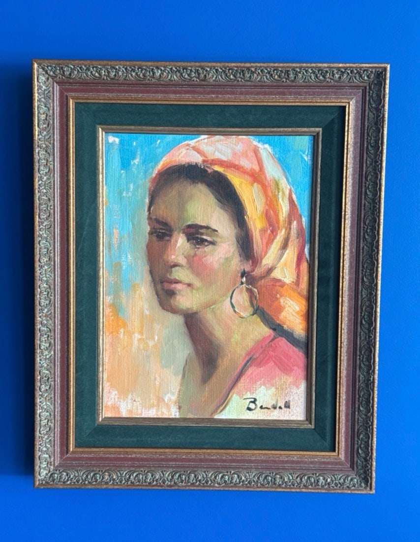 Marilyn Bendell 1970 Portrait Painting, Sarasota, Framed Original Artwork: Original portrait painting by artist Marilyn Bendell, created in 1970 in Sarasota, Florida. This expressive mid-century work depicts a woman in a colorful headscarf, rendered in warm tones with loose,