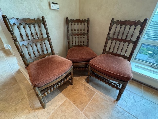 Set of Three Antique-Style Spindle Chairs with Rush Seats and Velvet Cushions (1 of 5)