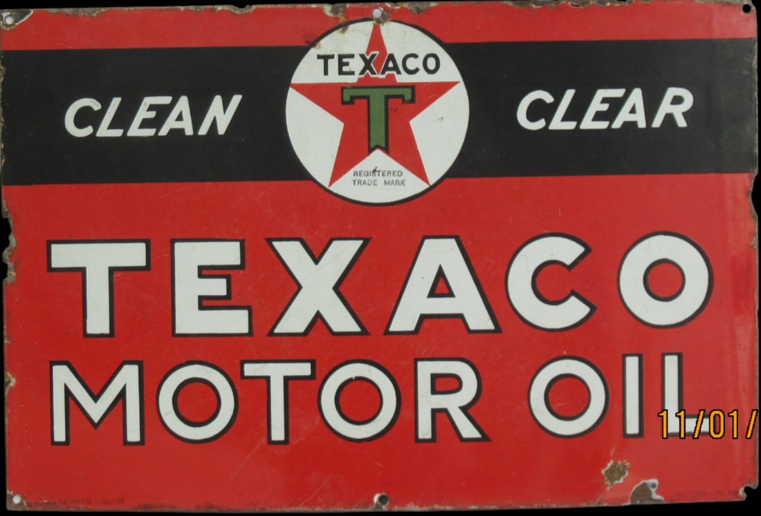 CLEAN CLEAR TEXACO ORIG ENAMEL SIGN SINGLE SIDED OIL RACK METTERS SYDNEY.  18 1/2 X14 INCHES (1 of 2)