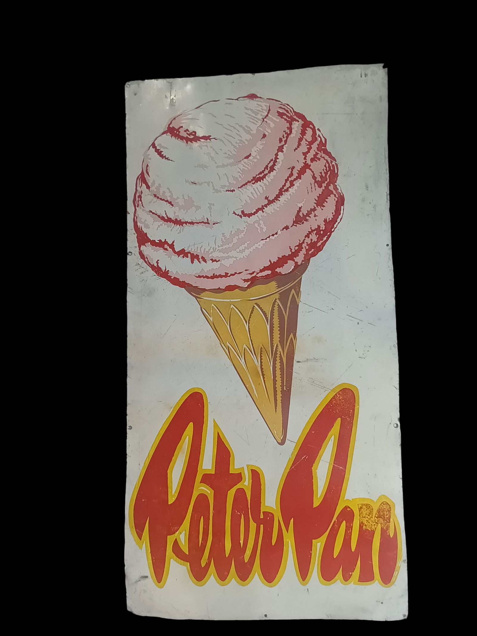 PETER PAN ICE CREAM ORIGINAL SCREEN PRINTED SIGN ON TIN SINGLE SIDED. 24 X 48 INCHES: PETER PAN ICE CREAM ORIGINAL SCREEN PRINTED SIGN ON TIN SINGLE SIDED. 24 X 48 INCHES. Shipping in New Zealand ? pick up, we can arrange shipping up to 10kg, over 10kg by arrangement (all at buyers? co