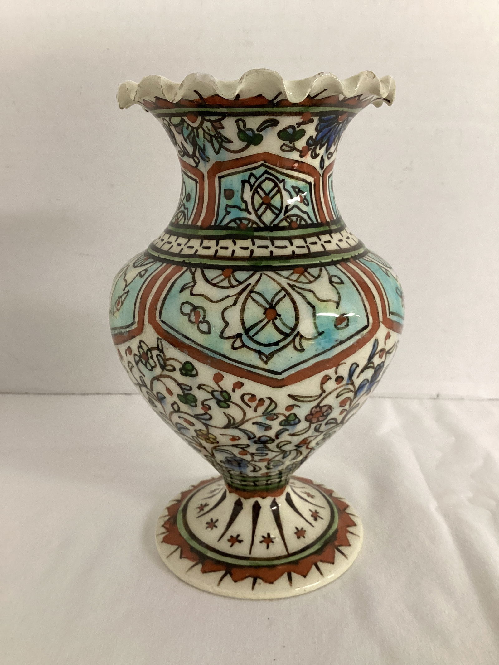 Turkish Kutahya Pedestal Vase with Ruffled Edge (1 of 8)