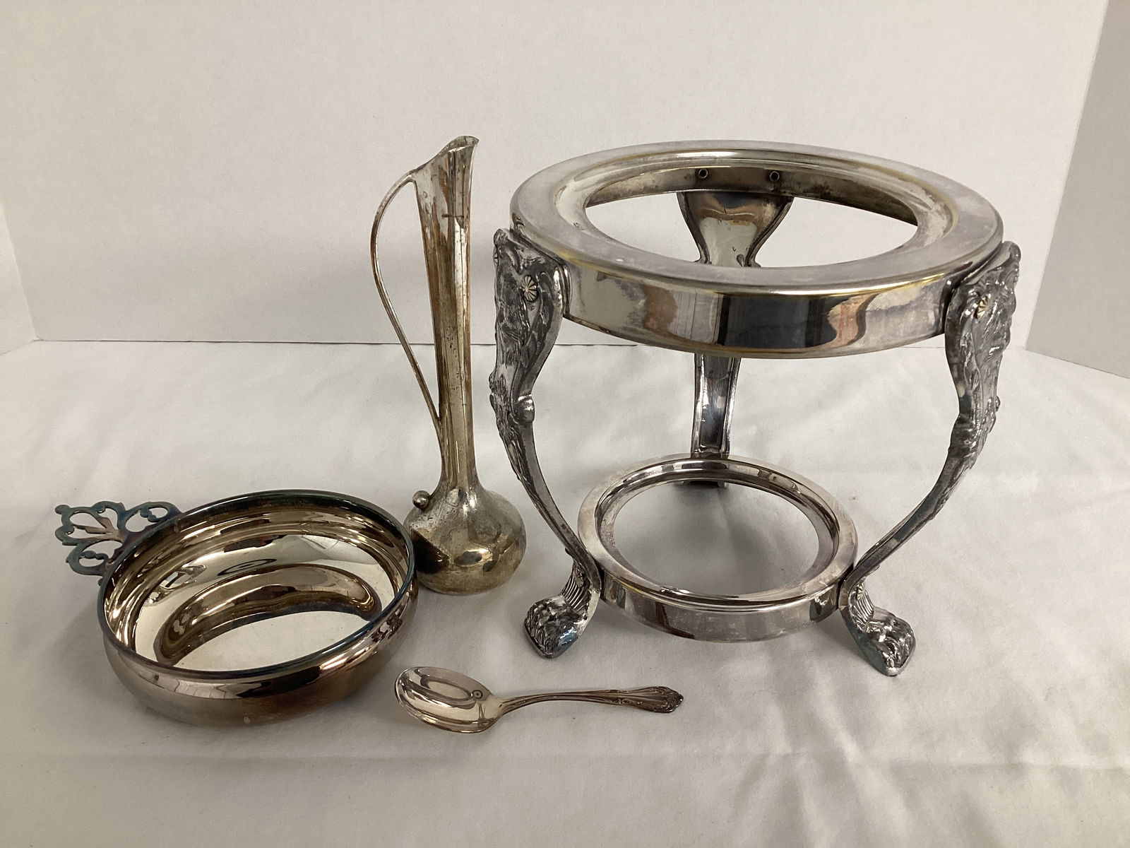 Silverplate Stand, Child's Spoon, Bud Vase, and Dish: .