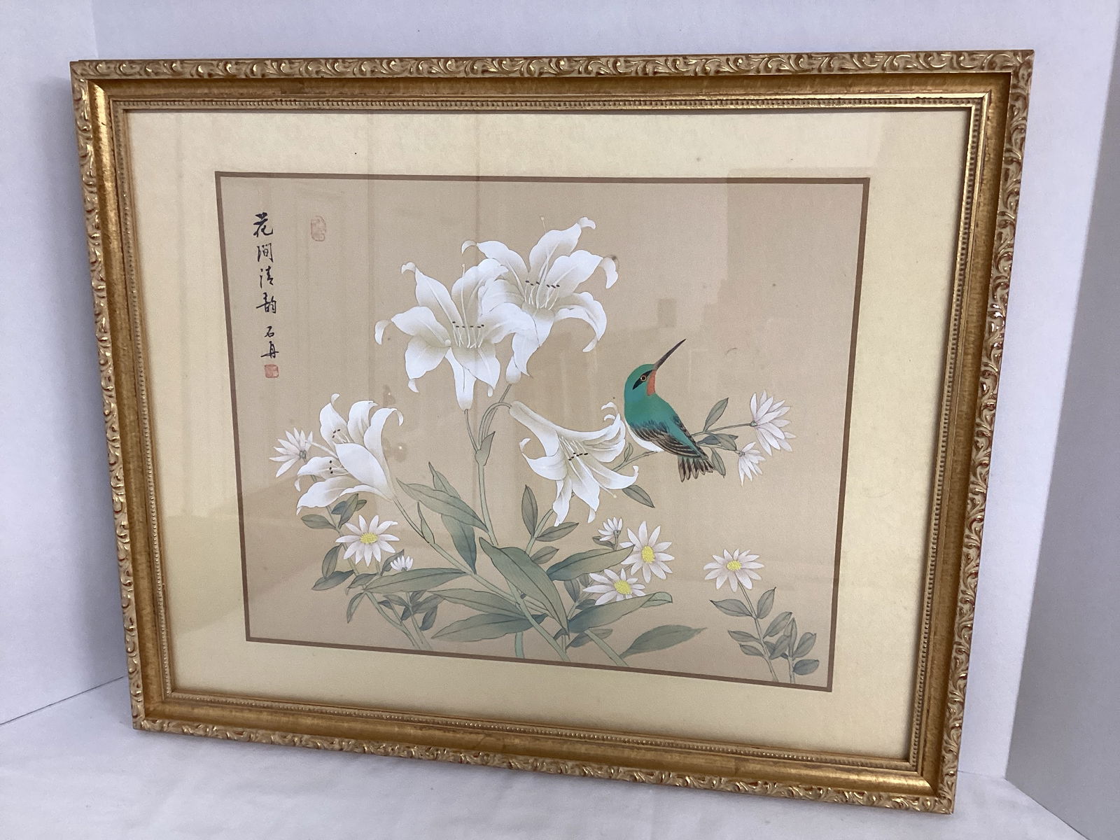 Framed Japanese Silk Screen Bird and Flowers Signed and Stamped (1 of 6)
