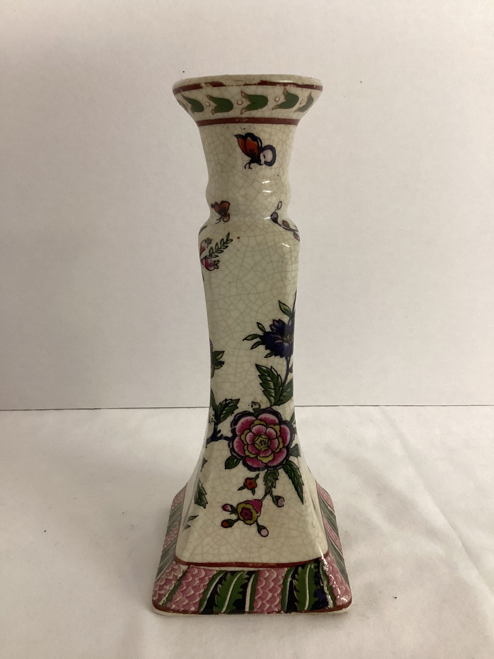 Asian Floral Candlestick with Intentional Crazing: 8 1/2" h
