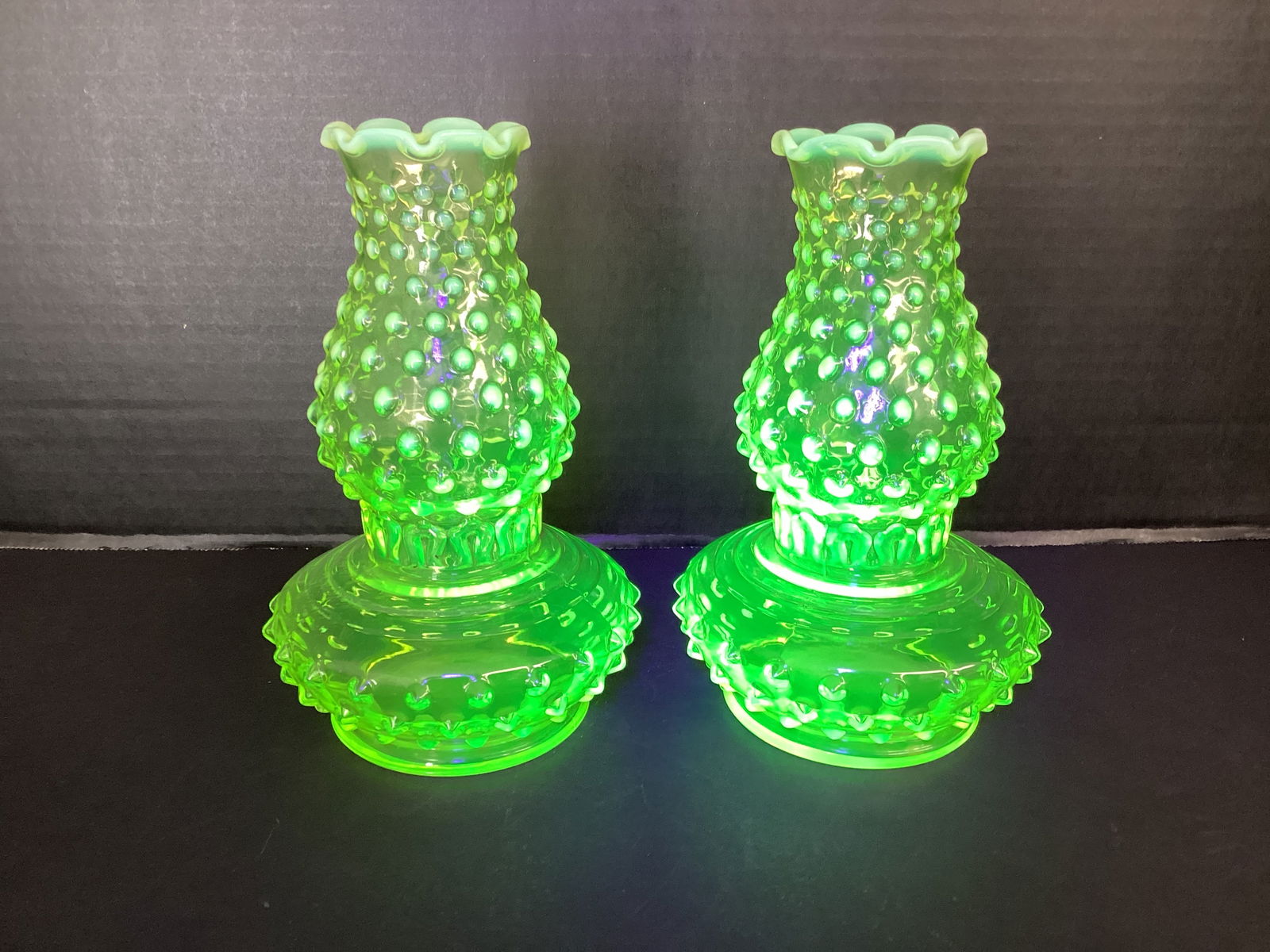 Pair of Imperial Glass Opalescent Hobnail Vaseline Glass Decorative Lanterns (1 of 7)