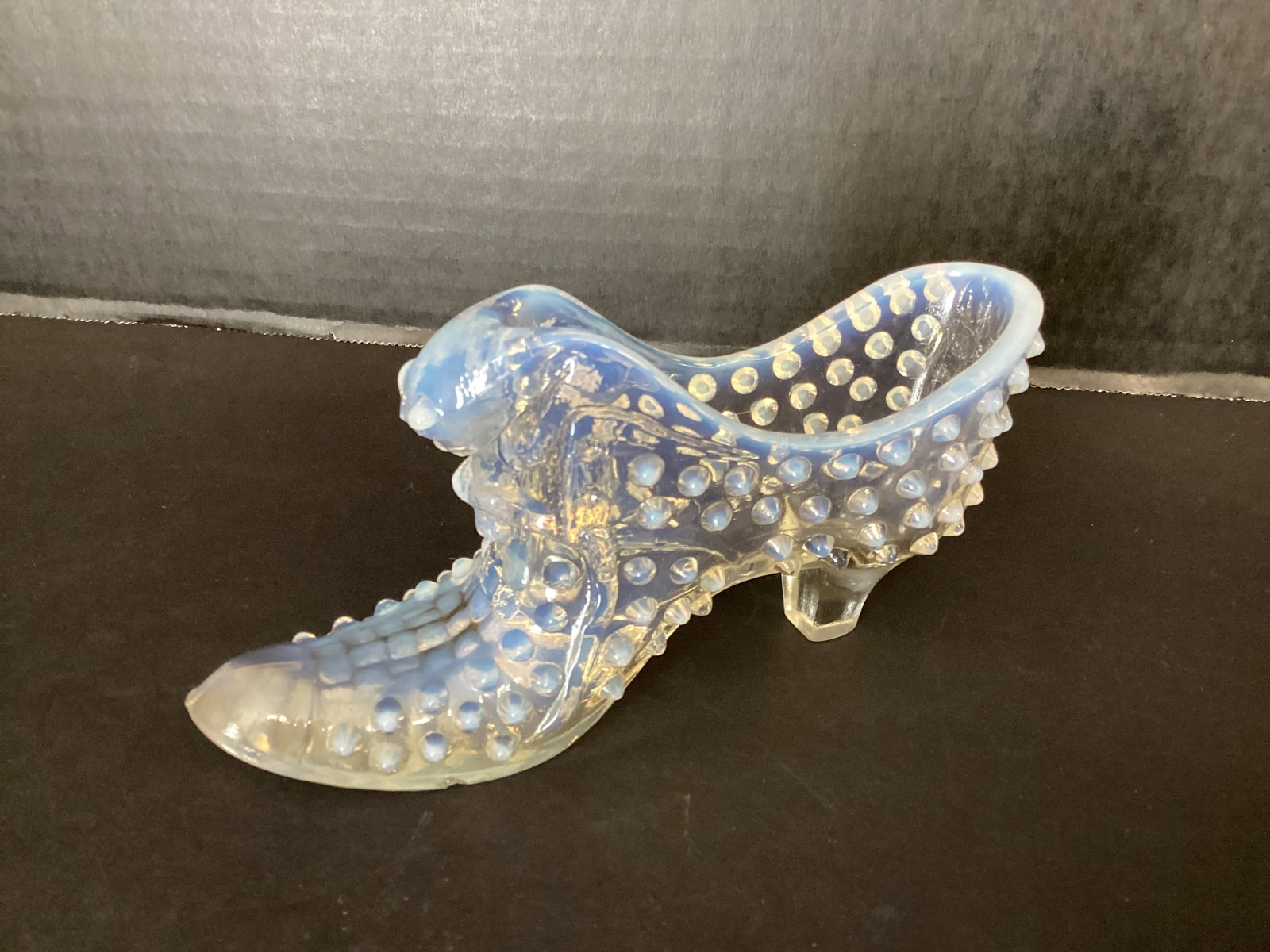 Clear Opalescent Hobnail Glass Cat Slipper: unmarked, 5 1/2" long