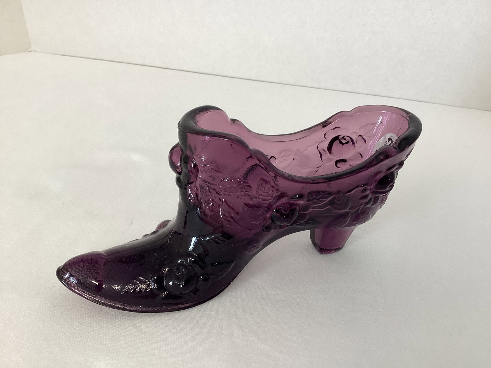 Fenton Embossed Floral Amethyst Glass Slipper: 6" long, has sticker