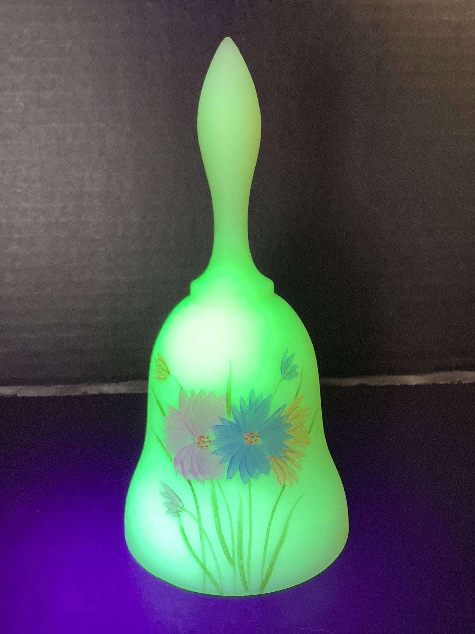 Fenton Hand Painted Uranium Custard Glass Bell: missing clapper, 6 5/8" h