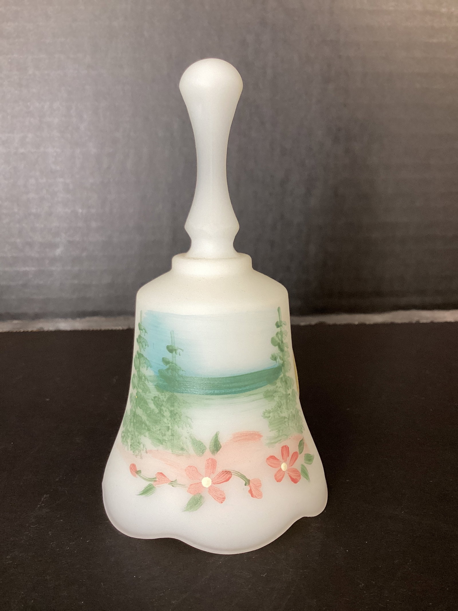 Fenton Hand Painted Satin Glass Bell: 4 1/2" h, has sticker