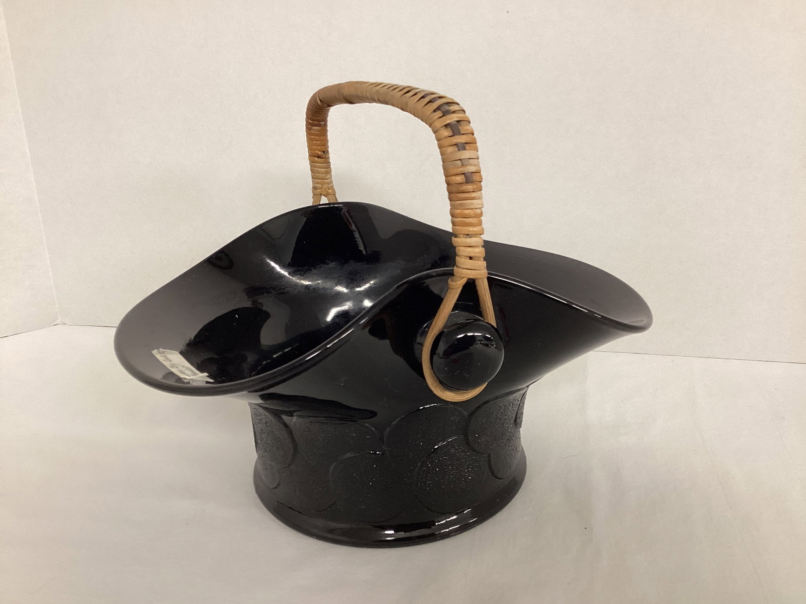 Fenton Black Glass Big Cookies Basket with Woven Handle: 10" x 8" x 7 1/2" h to top of handle