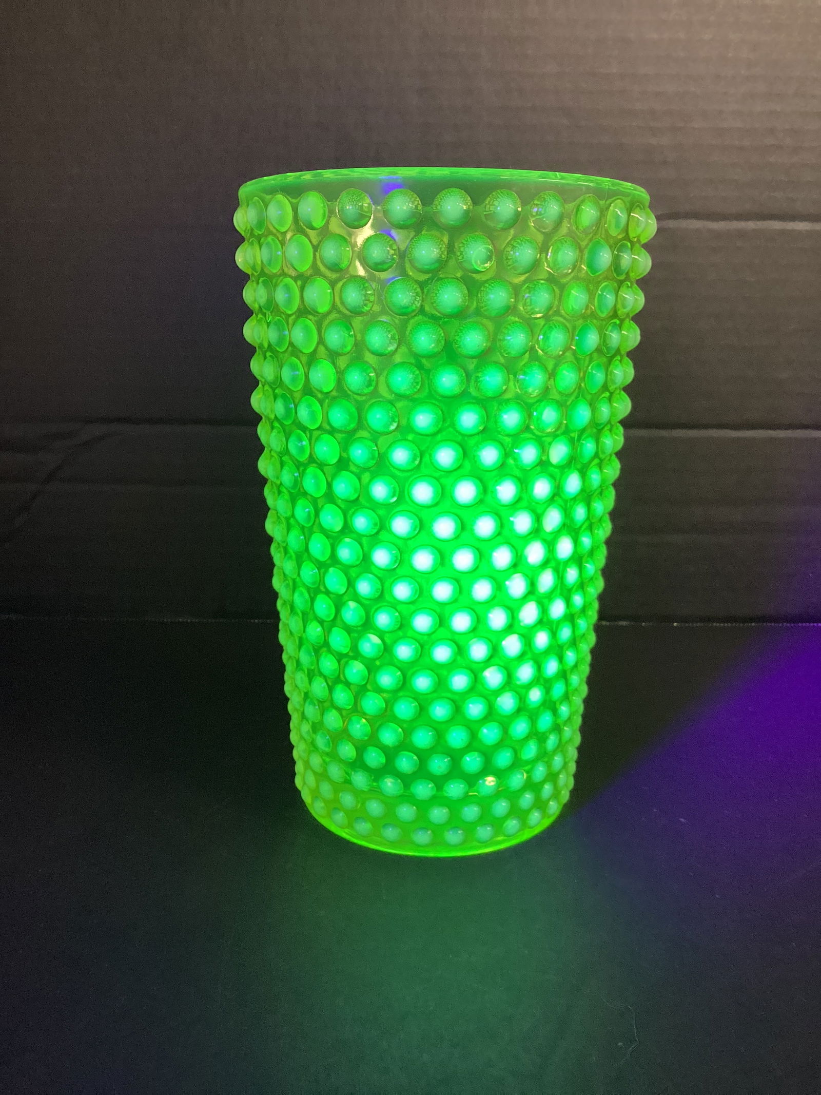 Imperial Glass Opalescent Hobnail Vaseline Glass Vase: 5" diameter x 8" h