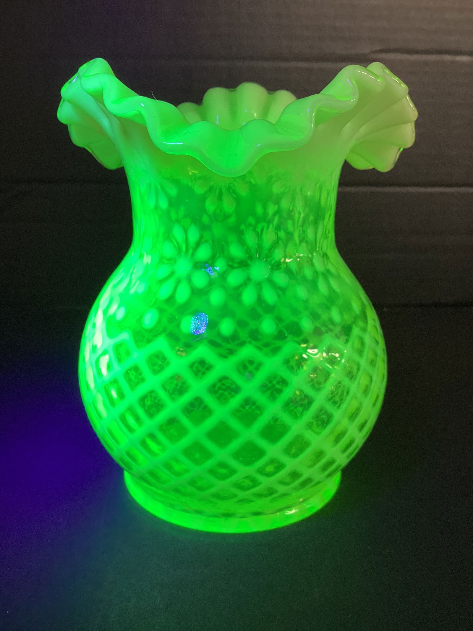Daisy Lattice Opalescent Vaseline Glass Ruffled Edge Vase (1 of 6)
