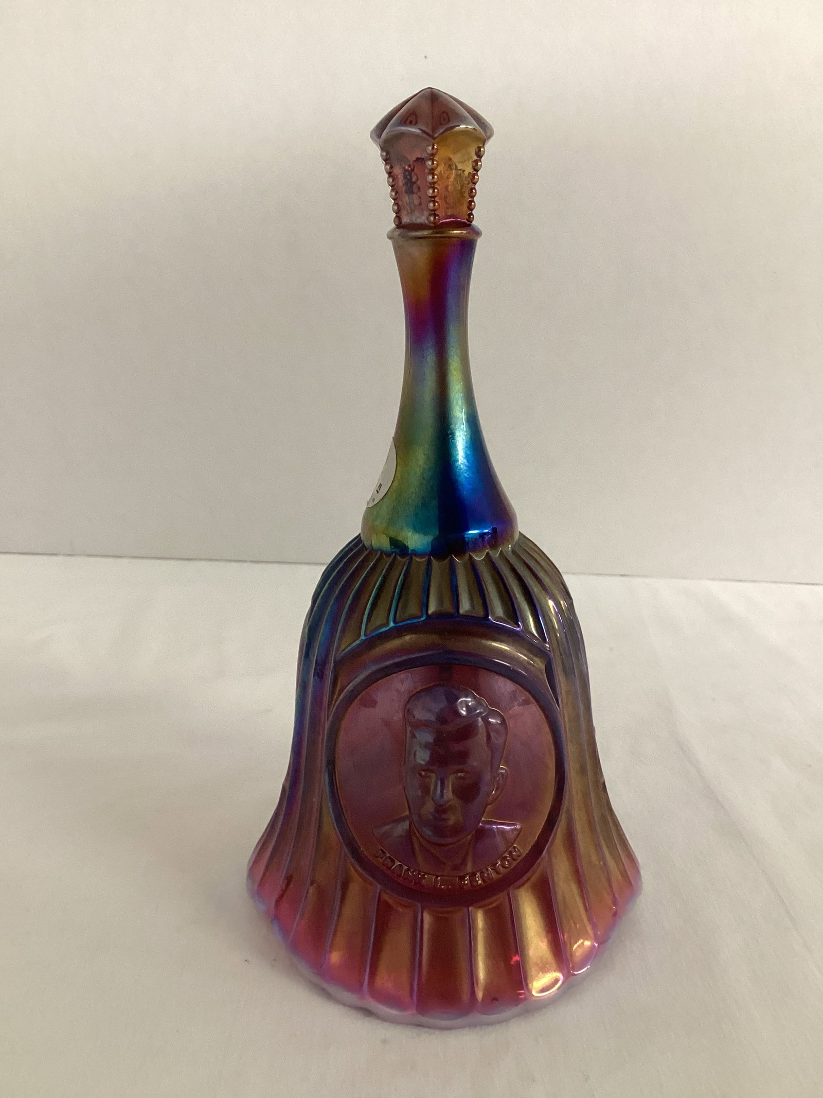 Frank L. Fenton Commemorative Carnival Glass Bell with Opalescent Edge: 7" h, has sticker