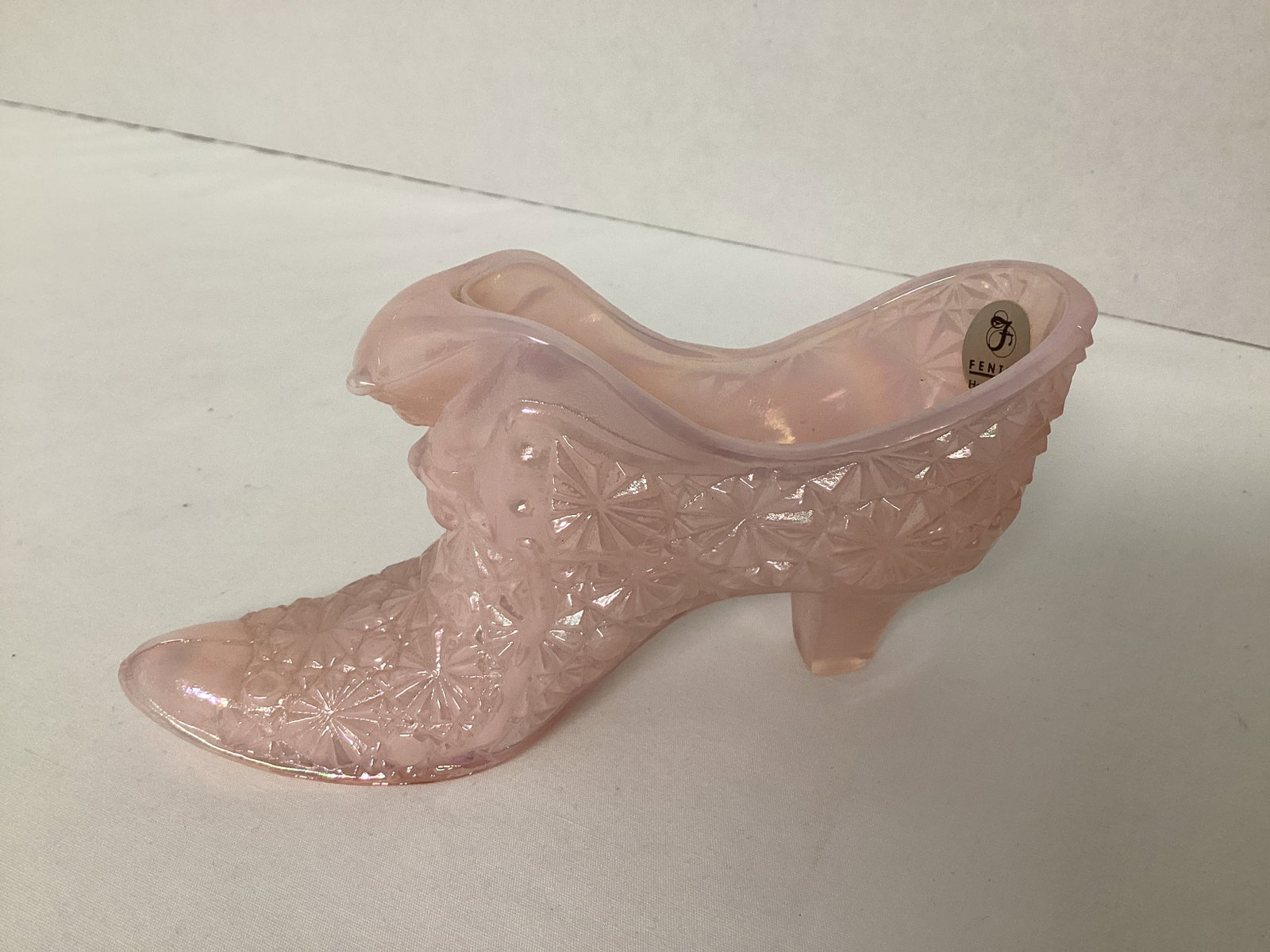 Fenton Pale Pink Iridescent Daisy and Button Cat Slipper: 6" long, has sticker