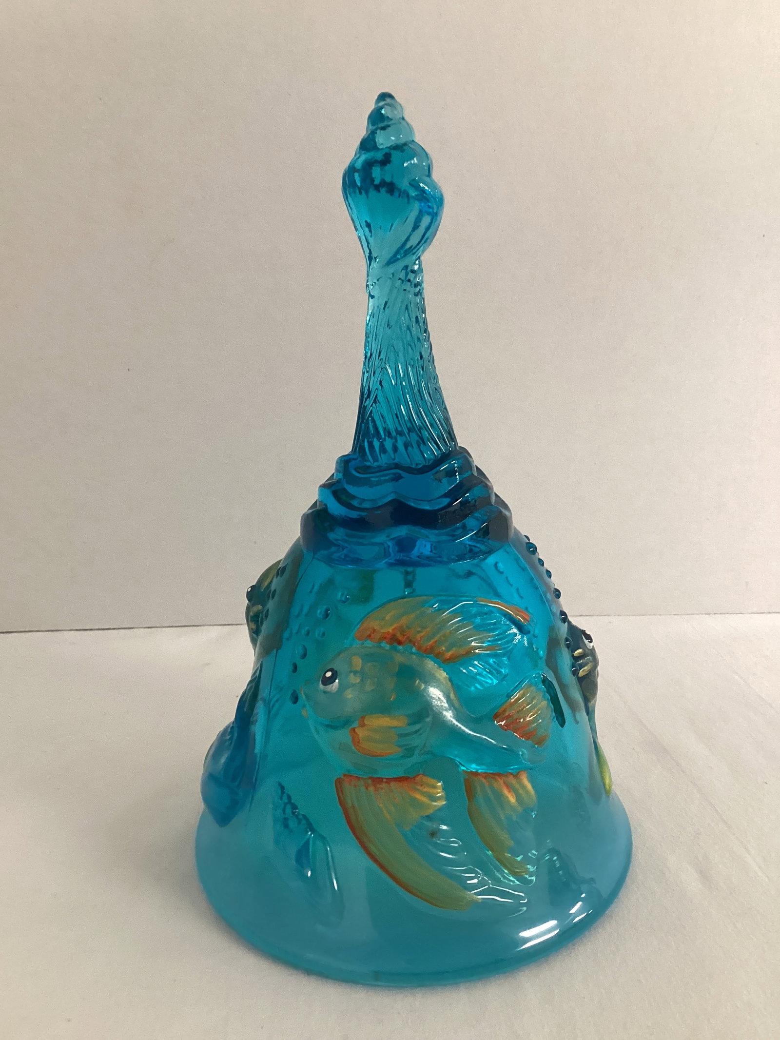 Fenton Atlantis Hand Painted Blue Glass Bell: wear to paint, 6 3/4" h