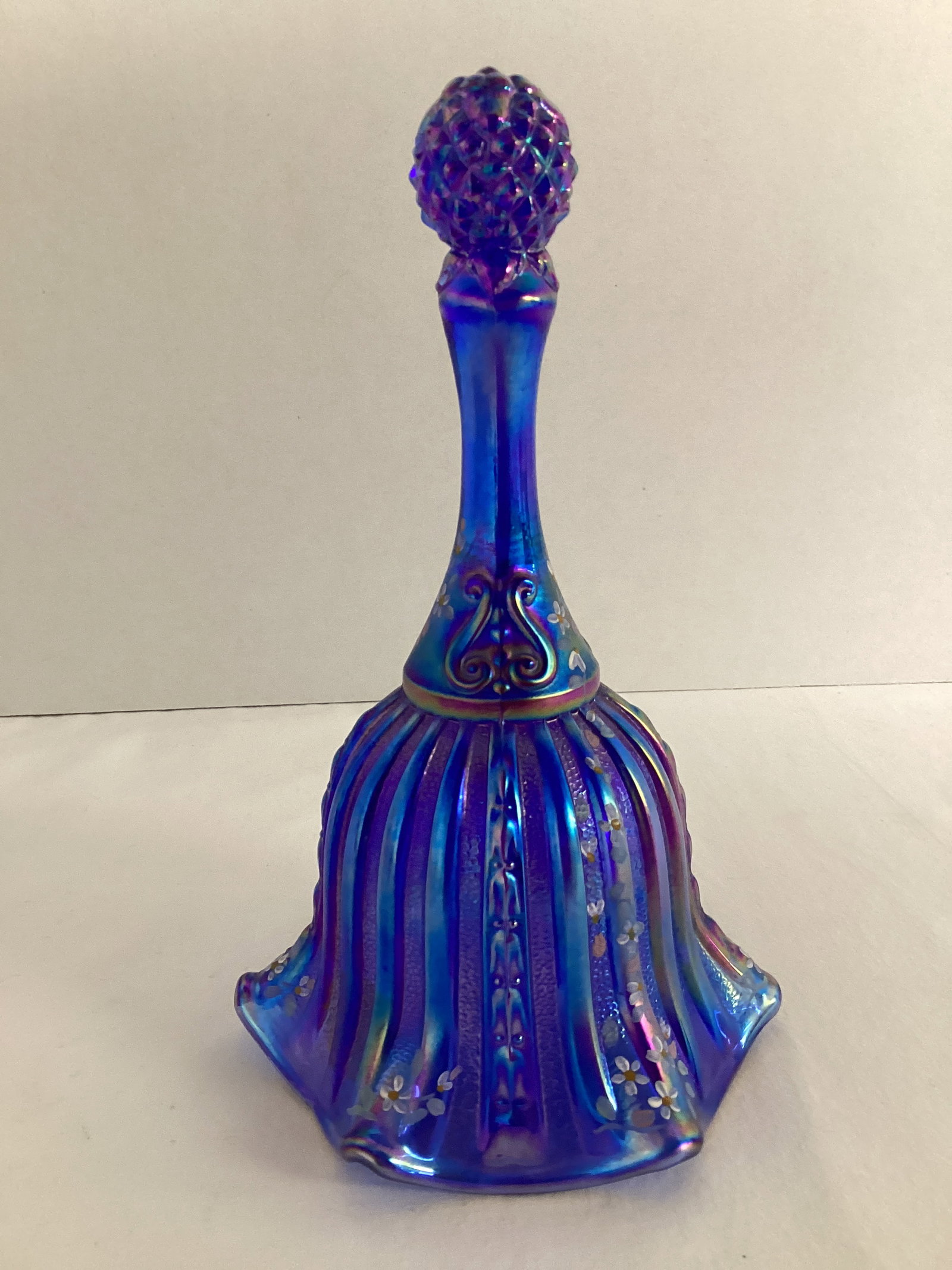 Fenton Carnival Glass Bell with Hand Painted Flowers: signed T. Kelley, has sticker, 6 3/4" h