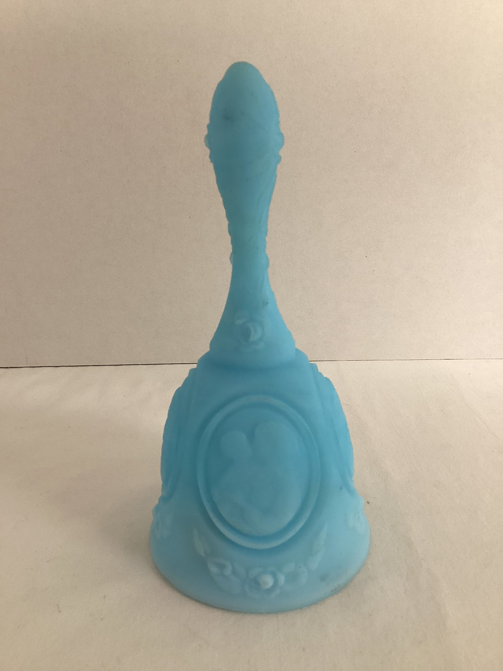 Fenton Blue Satin Glass Mother and Child Bell: 6 3/4" h, has sticker