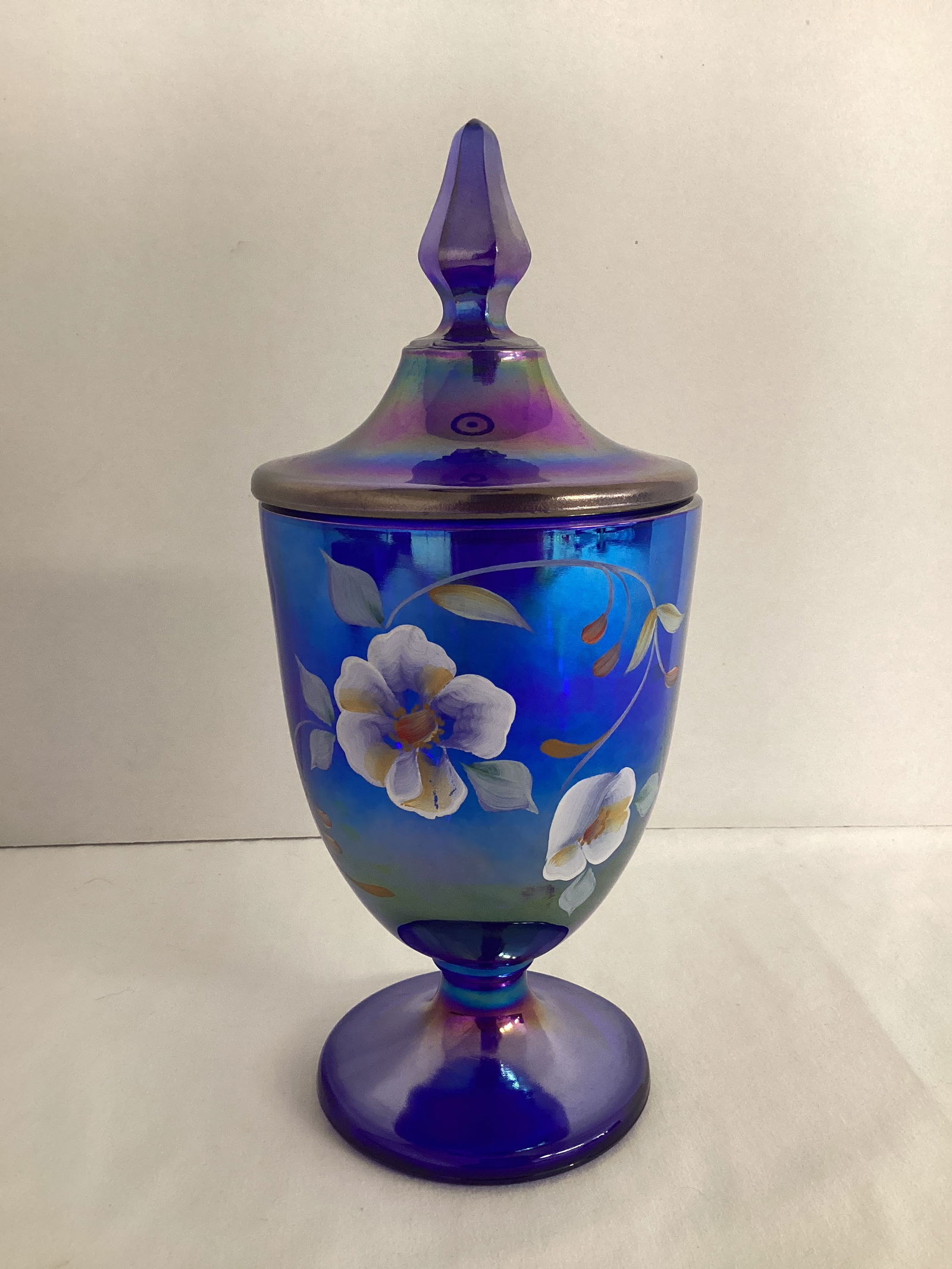 Fenton Carnival Glass 2001 Museum Collection Hand Painted Pedestal Candy Dish with Lid (1 of 7)