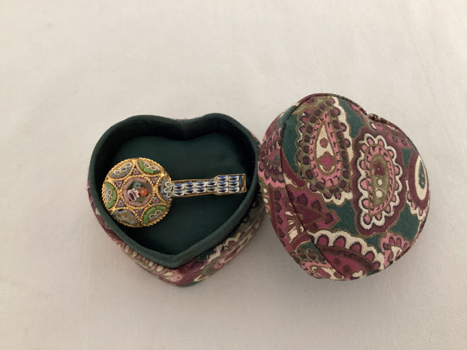 Italian Micro Mosaic Pin in Heart Shaped Box: 1 1/2" long