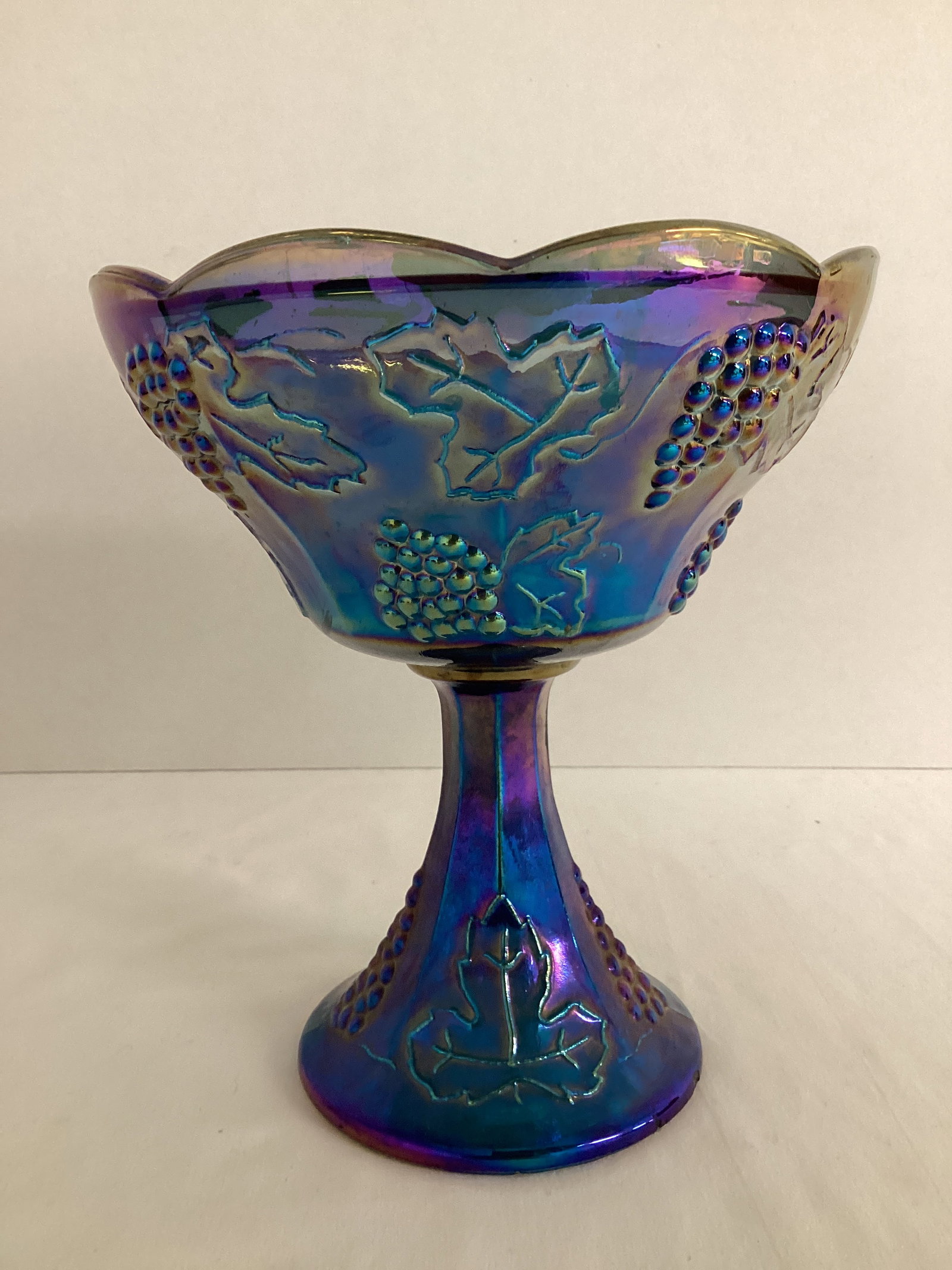 Blue Harvest Carnival Glass Compote: 7" diameter, 8" H