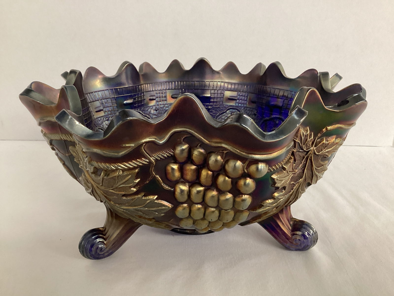 Cobalt Blue Persian Medallion Grape Cable Carnival Glass Ruffled Edge Footed Bowl (1 of 11)