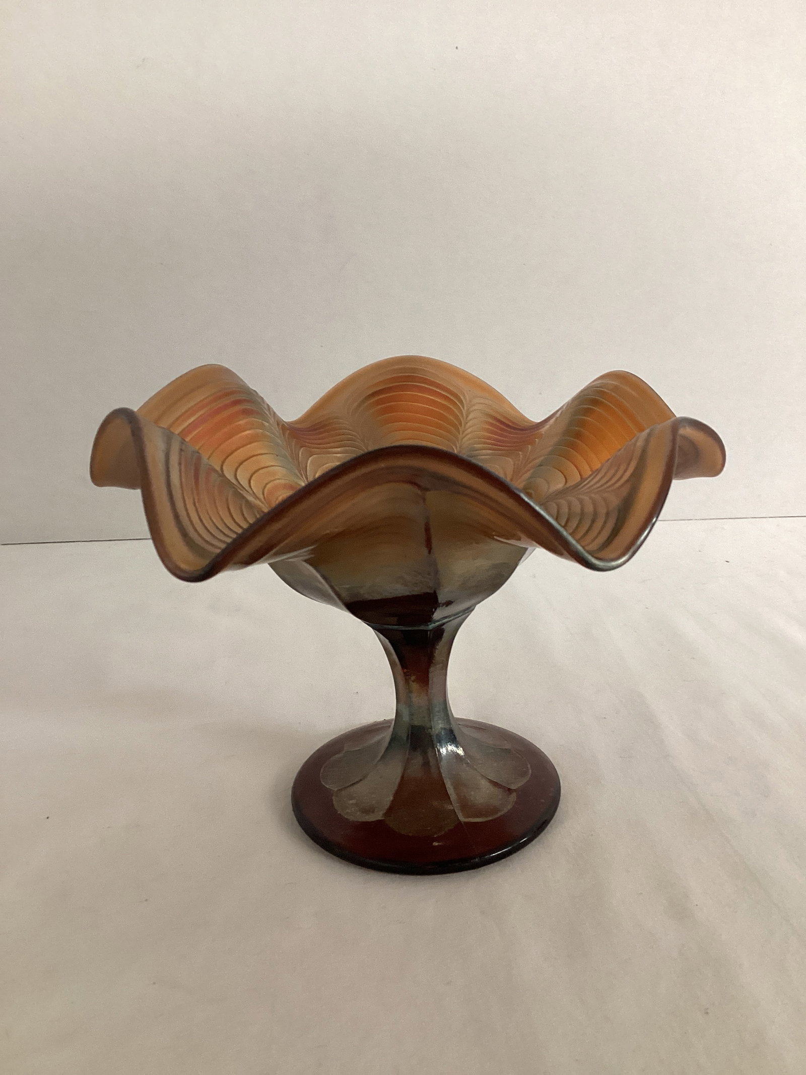Amethyst Marigold Peacock Tail Carnival Glass Pedestal Bowl: 6 1/4" diameter, 4 1/2" h