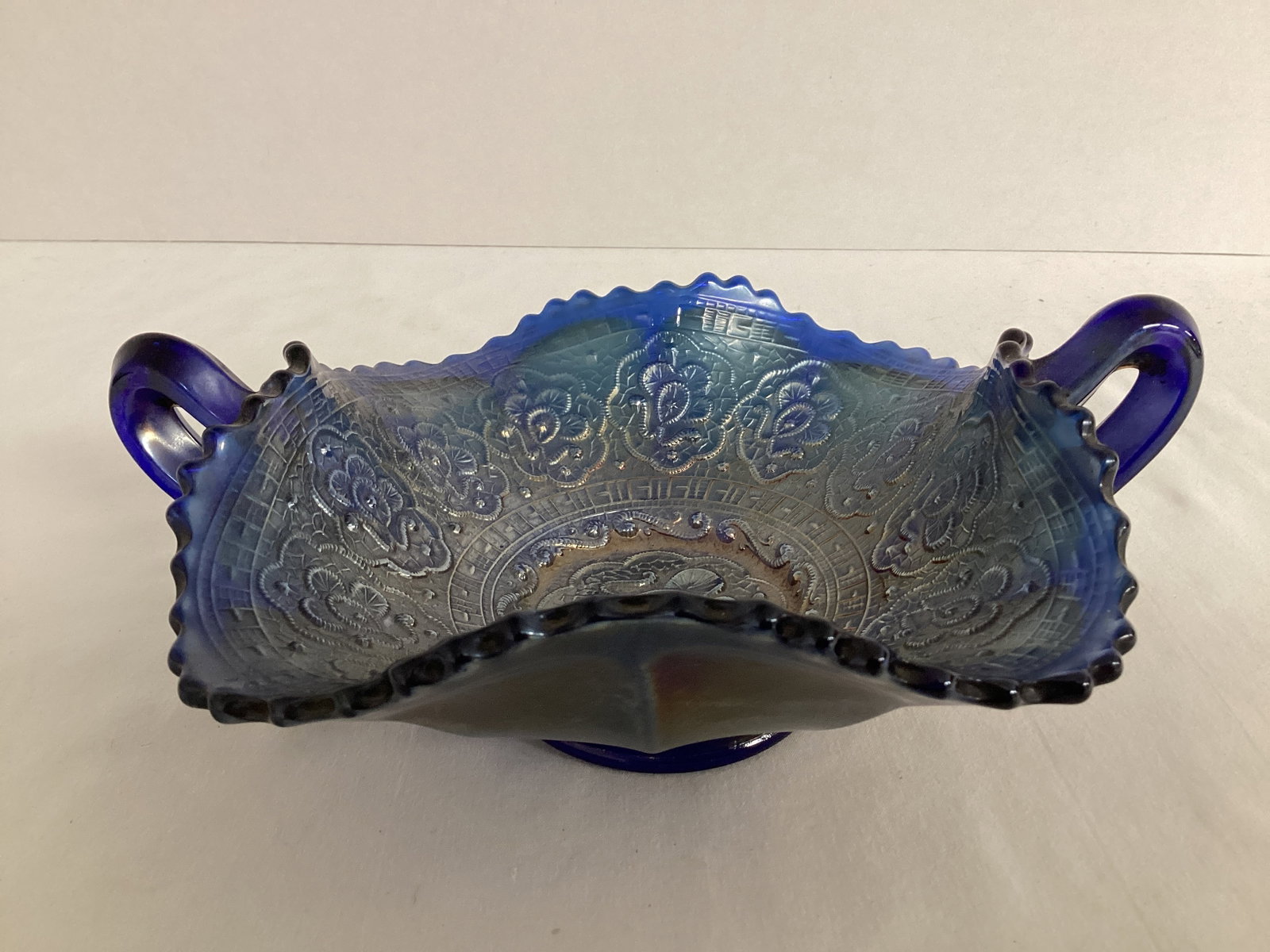 Cobalt Blue Persian Medallion Carnival Glass Handled Dish: 8" diameter with handles, 3" h