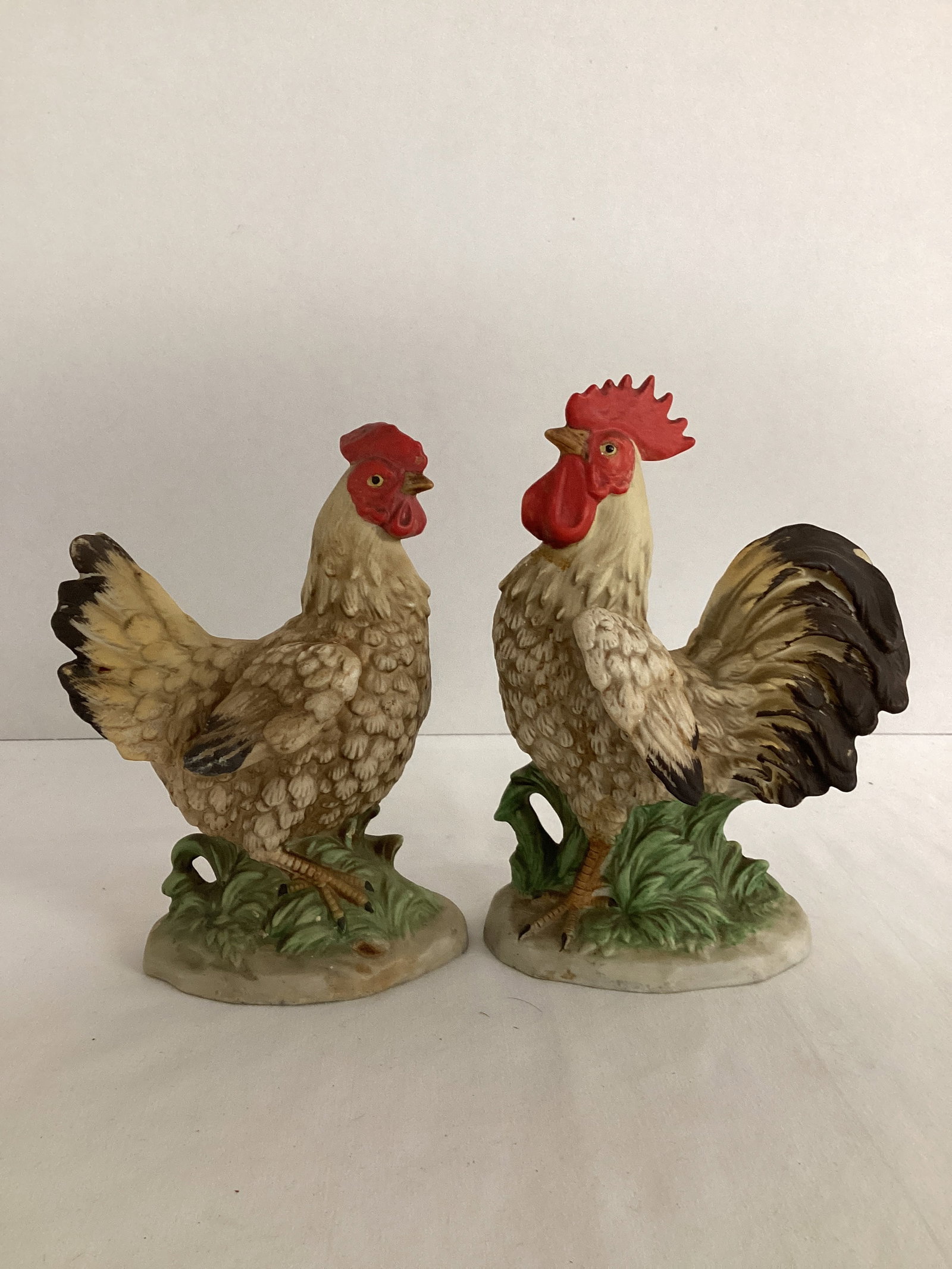 Rooster and Hen Figurines: see photos for marking, 5 1/2" and 6" h