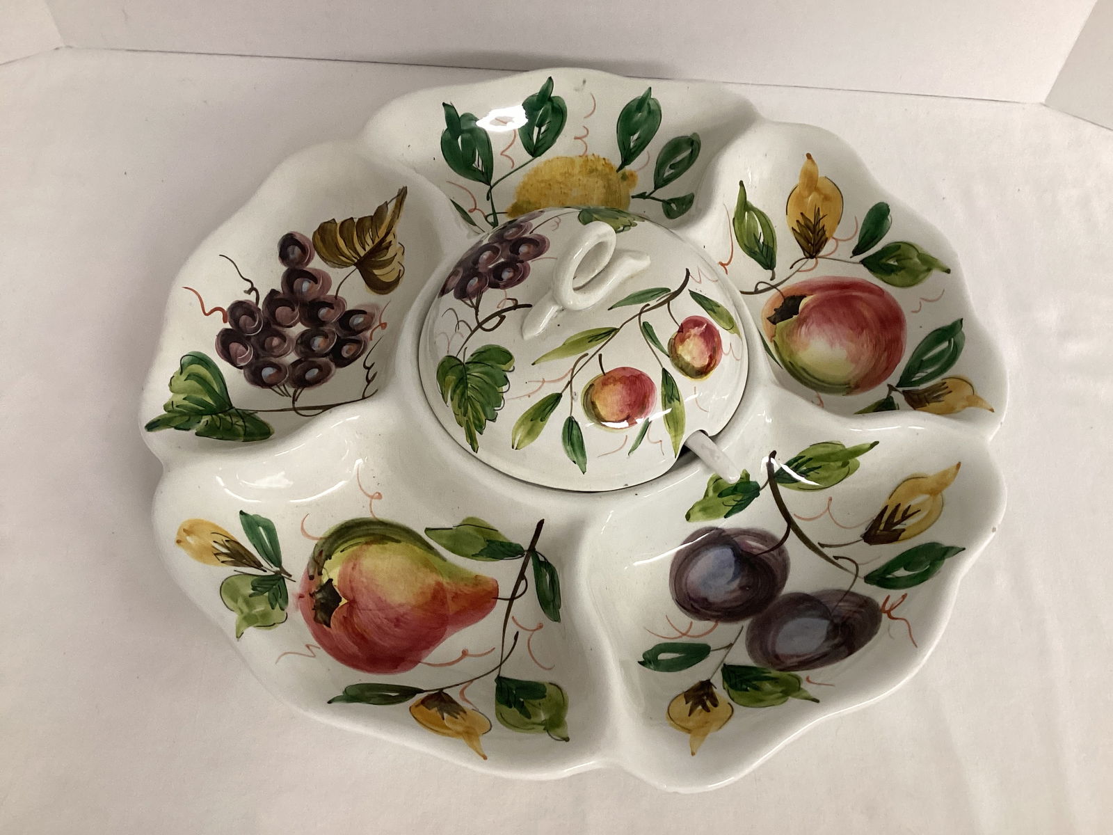 Hand Painted Fruit Pattern Italian Divided Server with Covered Center and Ladle (1 of 10)